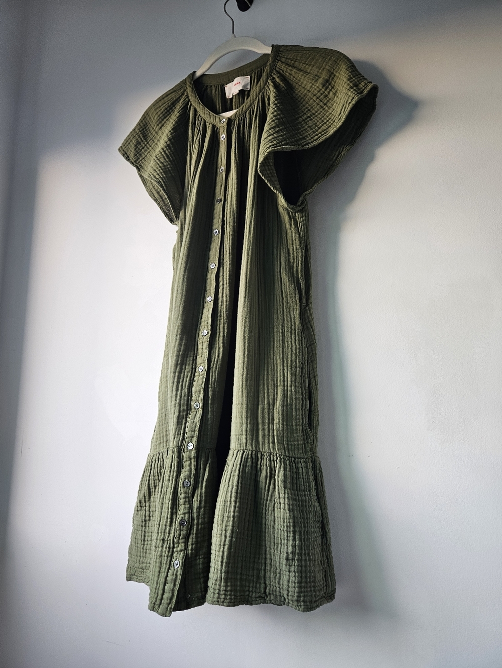 Xirena Hunter Green 100%Cotton Gauze Butterfly Short Sleeve Tiered Flowey Dress